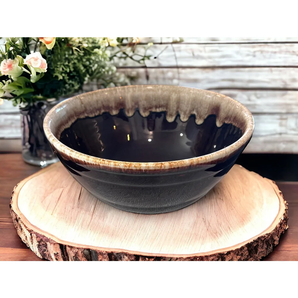 Pfaltzgraff 50s Gourmet Stoneware Mixing Bowl Brown Drip Glaze Rim 1950's BOHO